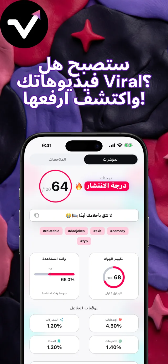 شاشة نتائج Viral IQ تعرض درجة انتشار 64، ودرجة جذب الانتباه 85، ووقت المشاهدة وتوقعات التفاعل