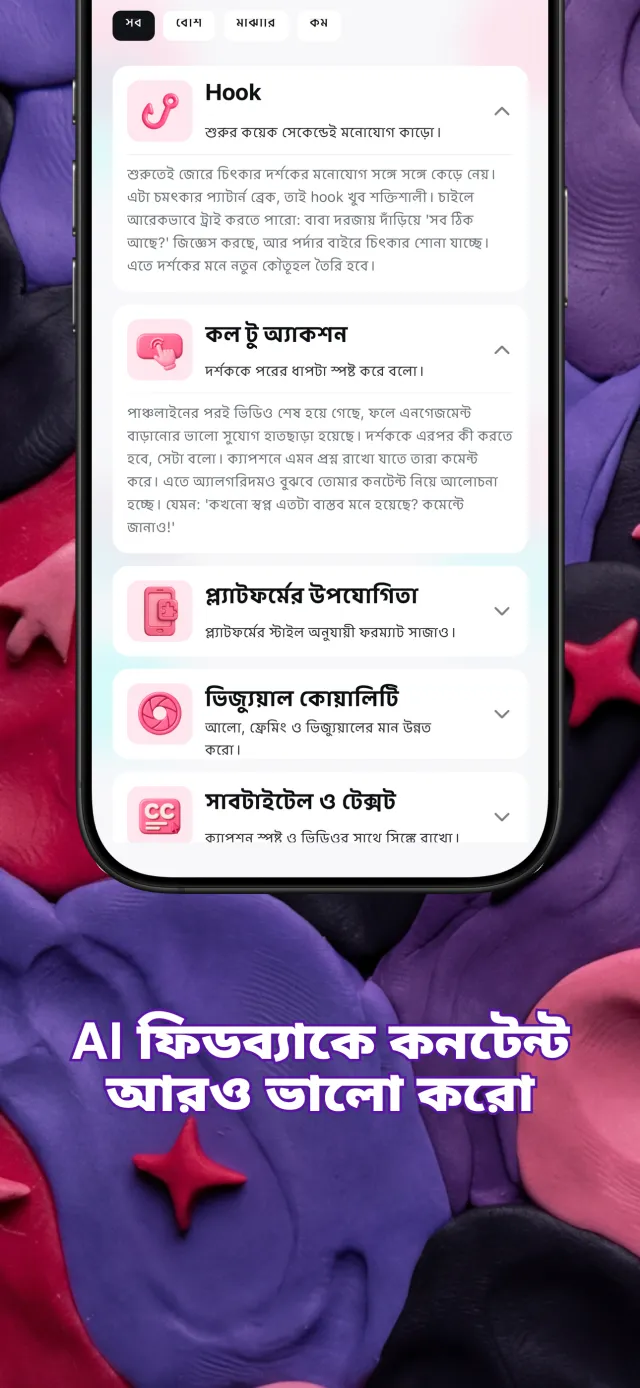 ভিডিওর হুক, গল্প, গতি ও কল টু অ্যাকশন নিয়ে Viral IQ-এর ফিডব্যাক কার্ড