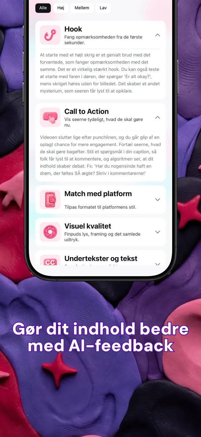 Feedbackkort fra Viral IQ om hook, fortælling, tempo og opfordring til handling