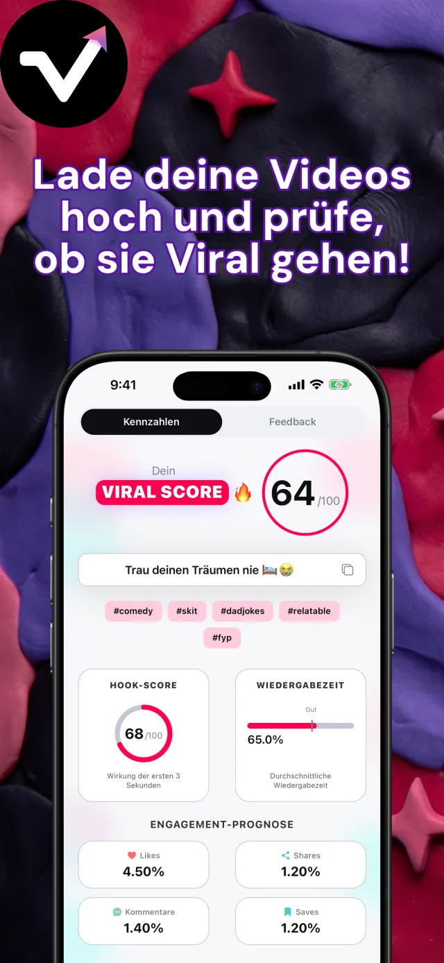 Ergebnisansicht von Viral IQ mit einem Viral Score von 64, einem Hook-Score von 85, Wiedergabezeit und Engagement-Prognose