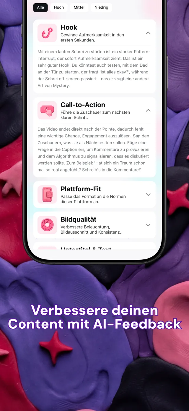 Viral IQ Feedback-Karten zu Hook, Story, Tempo und Call-to-Action