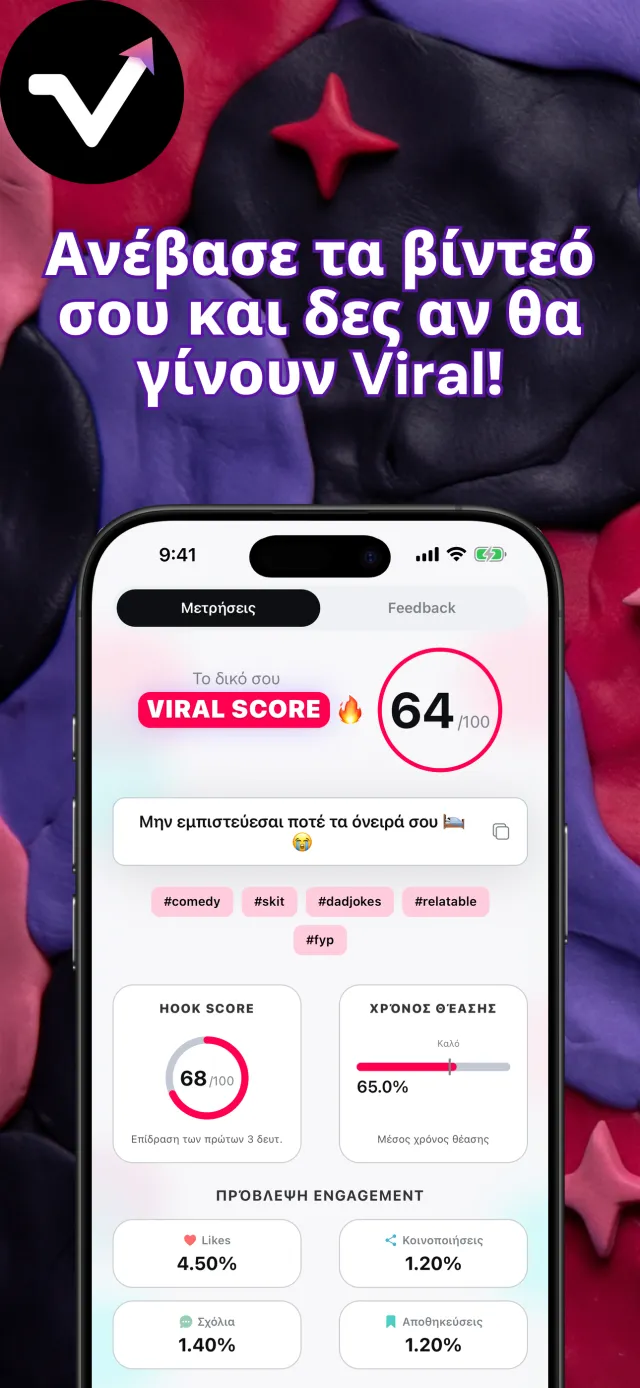 Οθόνη αποτελεσμάτων του Viral IQ με βαθμολογία viral 64, βαθμολογία αρχής βίντεο 85, χρόνο παρακολούθησης και πρόβλεψη αλληλεπιδράσεων