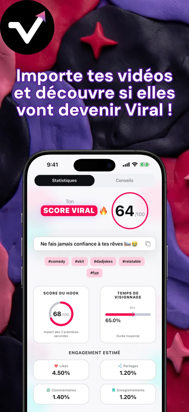 Écran de résultats Viral IQ avec un score de viralité de 64, un score d'accroche de 85, la durée de visionnage et des prévisions d'engagement