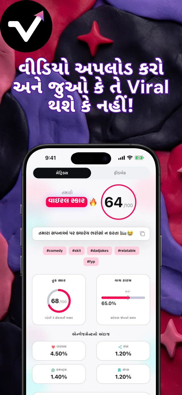 Viral IQની રિઝલ્ટ સ્ક્રીન, જેમાં વાયરલ સ્કોર 64, હૂક સ્કોર 85, જોવાનો સમય અને એન્ગેજમેન્ટનો અંદાજ દેખાય છે