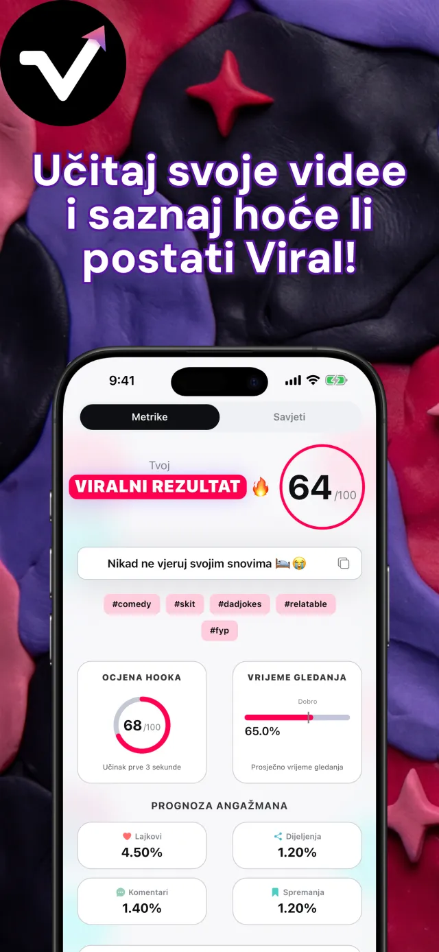 Zaslon rezultata Viral IQ s viralnom ocjenom 64, ocjenom uvoda 85, vremenom gledanja i predviđanjem interakcija