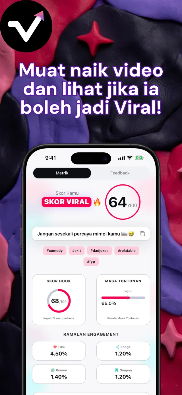 Skrin keputusan Viral IQ dengan skor viral 64, skor pembukaan video 85, masa tontonan dan ramalan interaksi