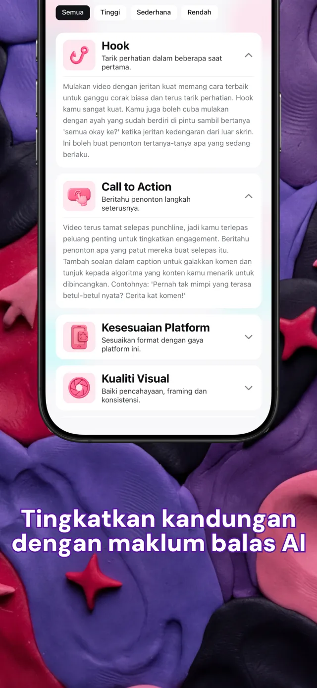 Kad maklum balas Viral IQ untuk pembukaan, jalan cerita, rentak video dan seruan bertindak