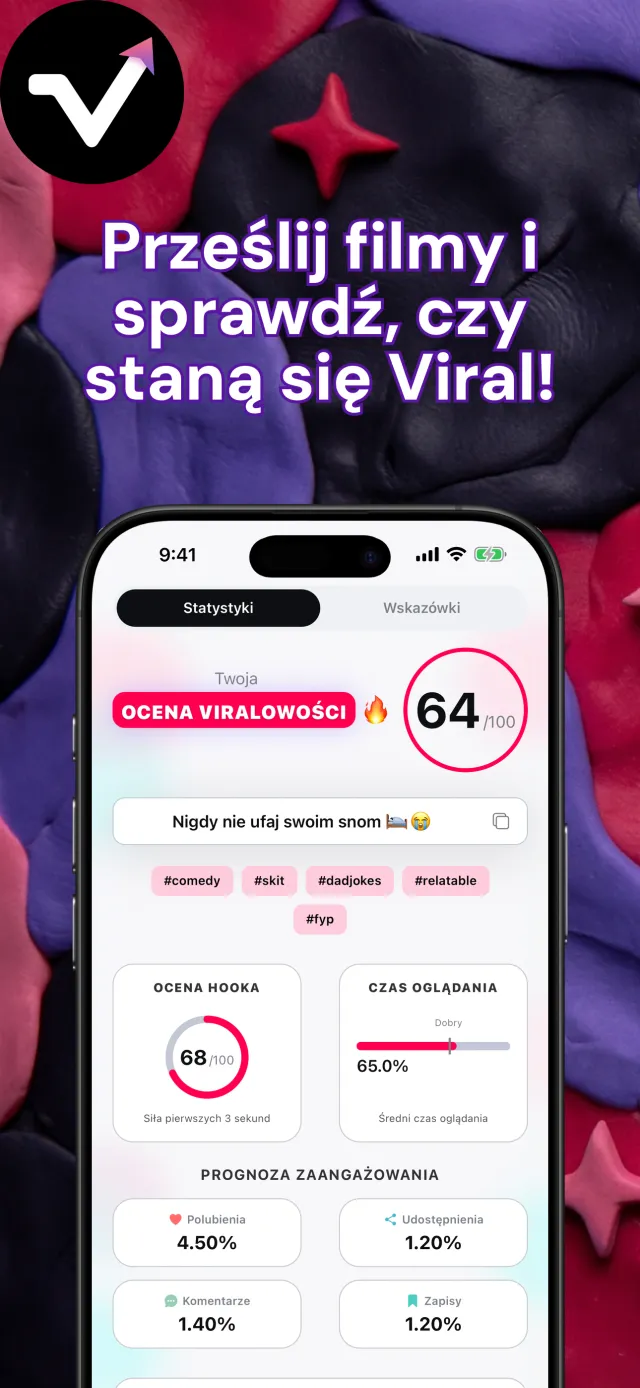 Ekran wyników Viral IQ z oceną potencjału wiralowego 64, oceną początku filmu 85, czasem oglądania i prognozą zaangażowania