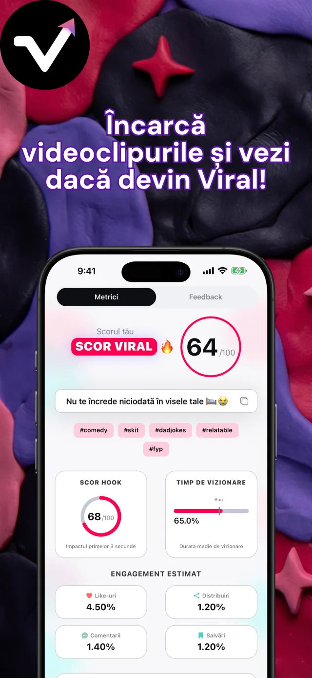 Ecranul cu rezultatele Viral IQ, care arată un scor de viralitate de 64, un scor de 85 pentru începutul videoclipului, durata de vizionare și estimarea interacțiunilor