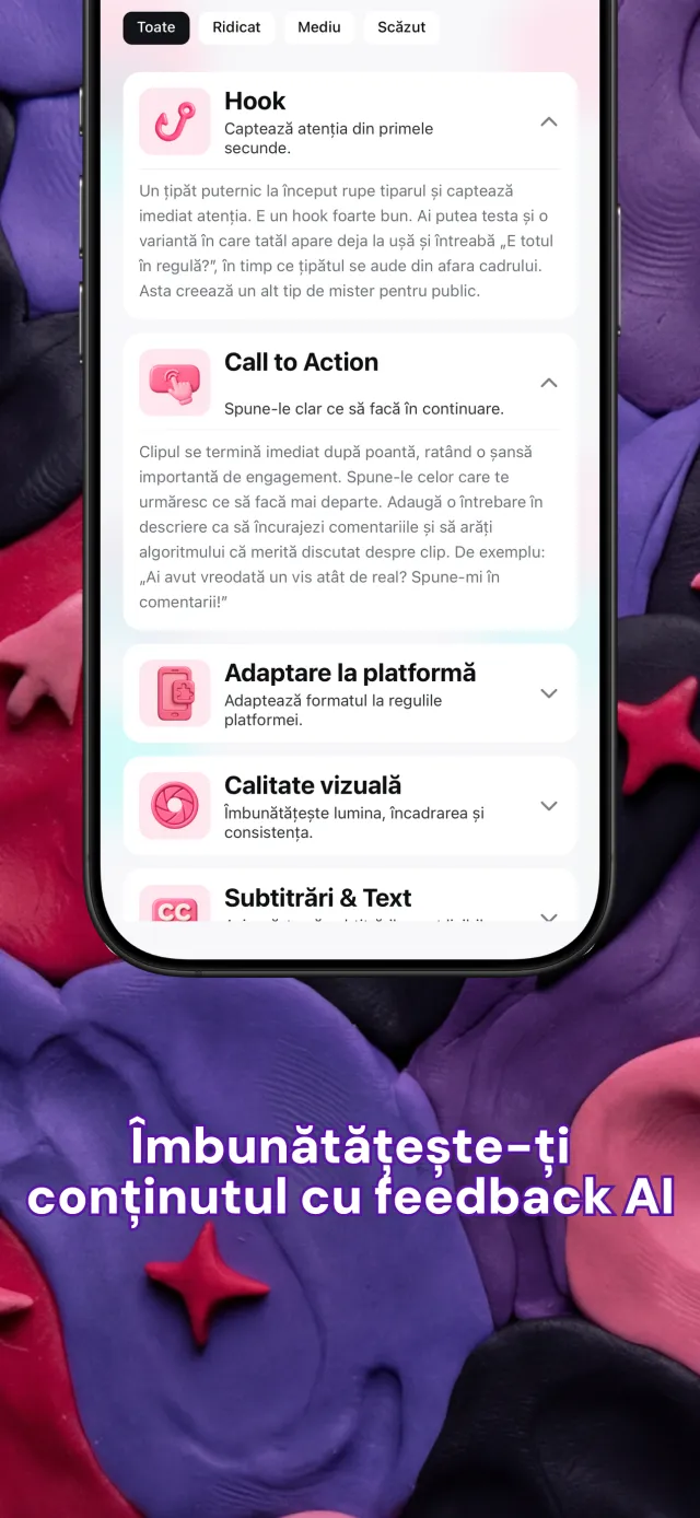 Carduri cu recomandări Viral IQ despre începutul videoclipului, poveste, ritm și îndemnul la acțiune