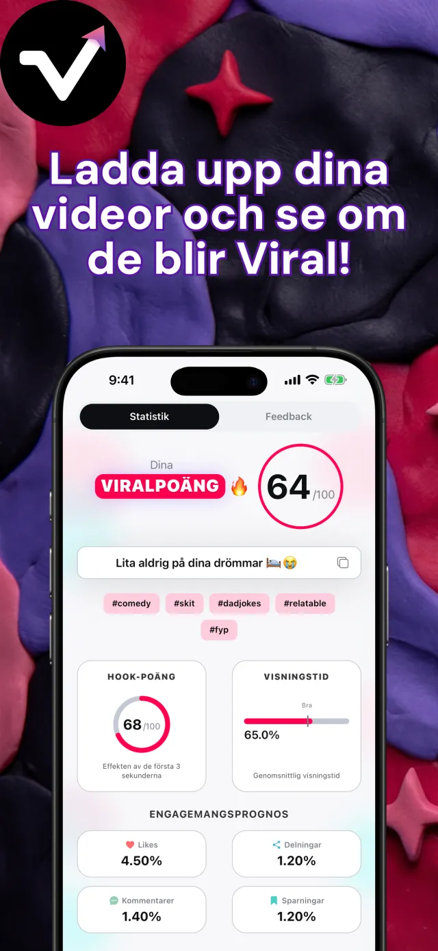 Resultatskärm i Viral IQ med viralitetspoäng 64, hookpoäng 85, visningstid och prognos för engagemang