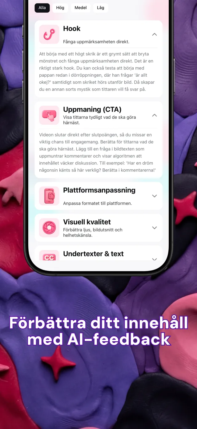 Feedbackkort från Viral IQ om hook, berättande, tempo och uppmaningar till handling