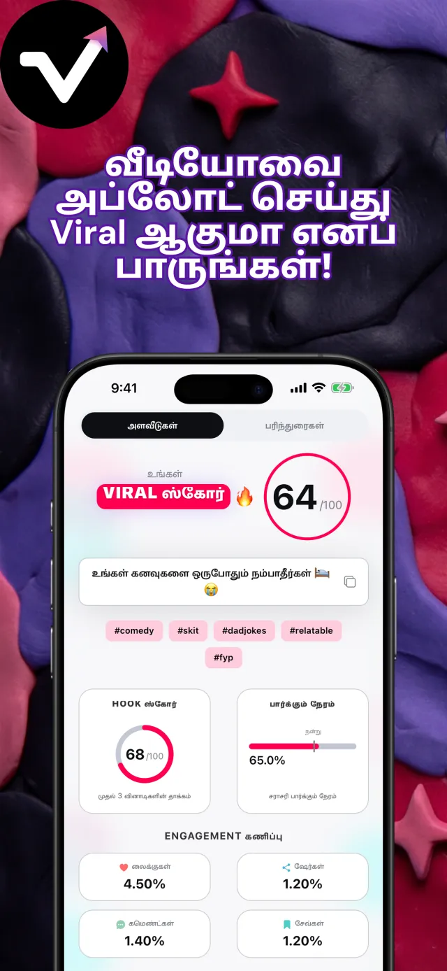 வைரல் ஸ்கோர் 64, ஹூக் ஸ்கோர் 85, பார்க்கும் நேரம் மற்றும் எங்கேஜ்மென்ட் கணிப்பு ஆகியவற்றைக் காட்டும் Viral IQ முடிவுகள் திரை