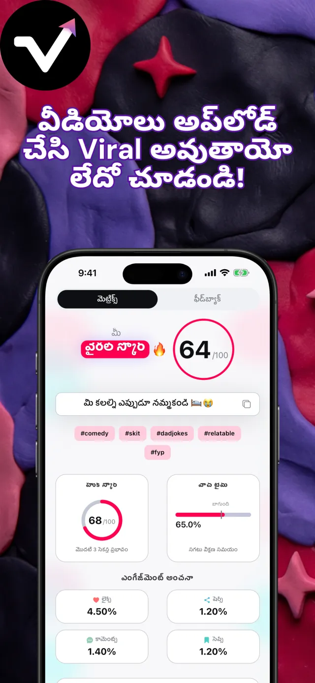 వైరల్ స్కోర్ 64, హుక్ స్కోర్ 85, వాచ్ టైమ్, ఎంగేజ్‌మెంట్ అంచనాలను చూపిస్తున్న Viral IQ ఫలితాల స్క్రీన్