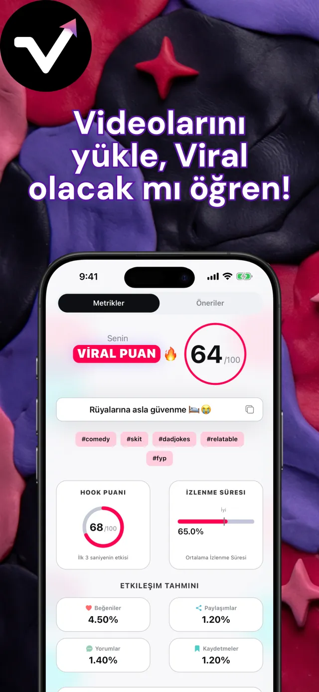 Viral IQ sonuç ekranında 64 viral puanı, 85 açılış puanı, izlenme süresi ve etkileşim tahmini